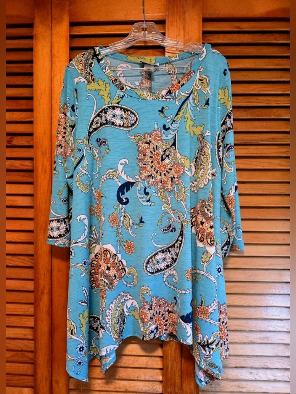 NorthStyle XL Boho Teal Paisley Sharkbite Tunic Blouse Made in USA